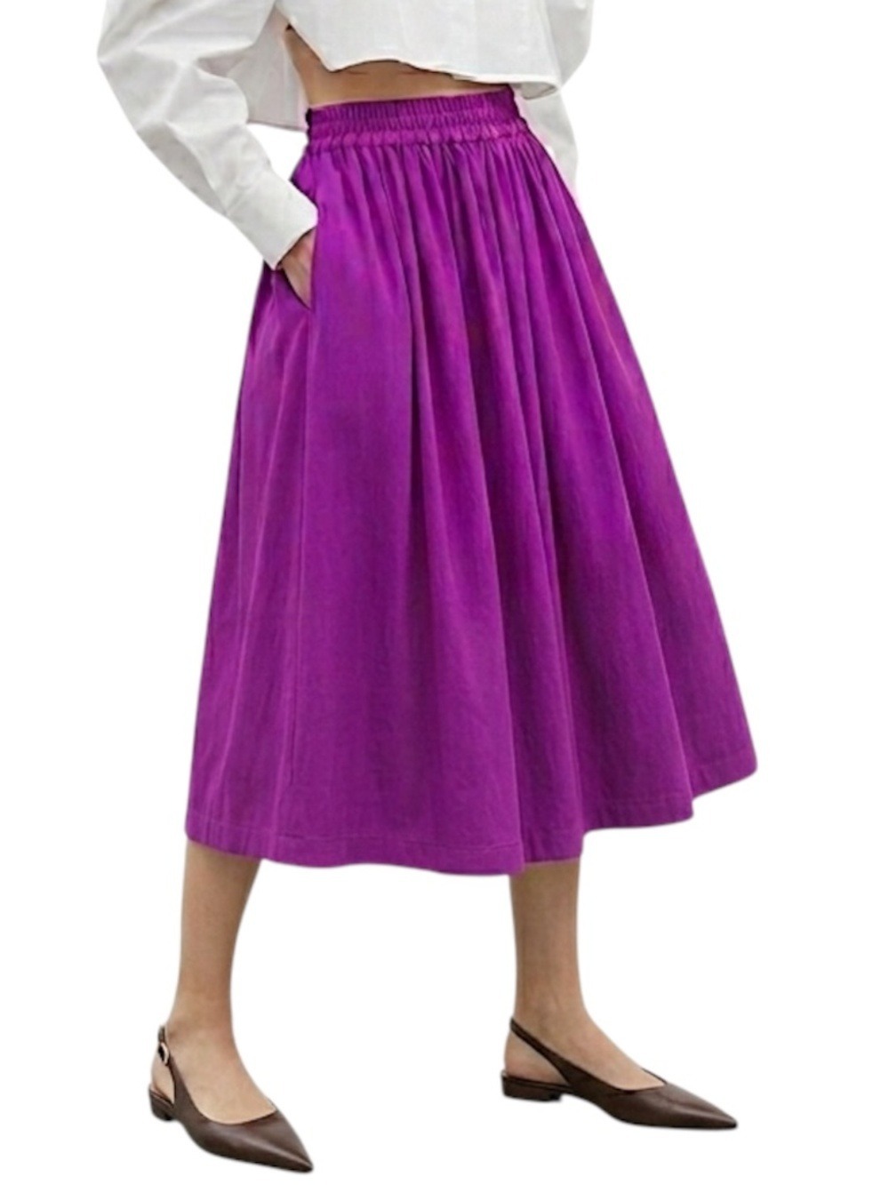 Vintage 80s 90s gathered magenta purple old money retro broomstick midi skirt L
